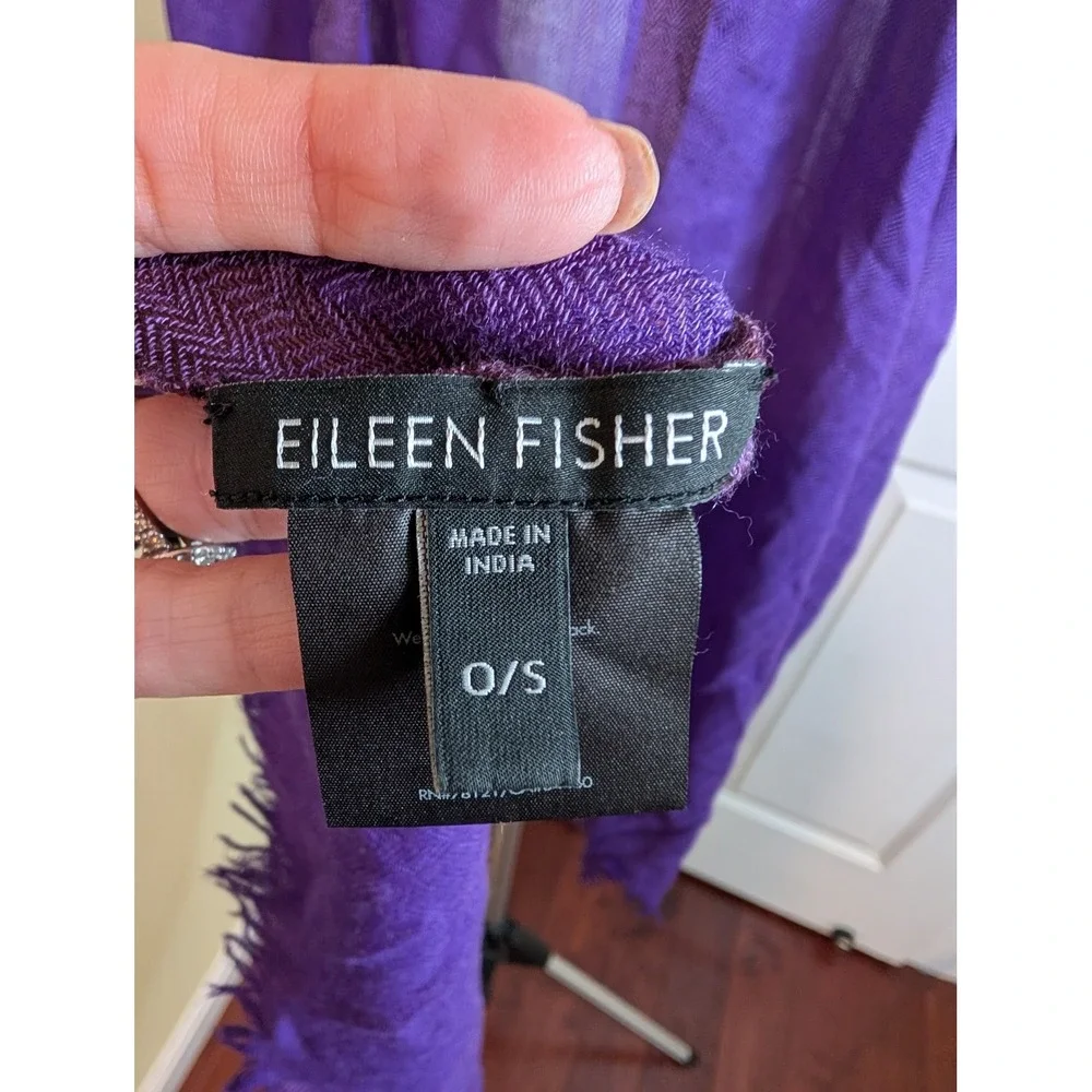 Eileen Fisher Cozy Crinkle Gauze Scarf Women OS Purple Wool Silk Fringe Wrap